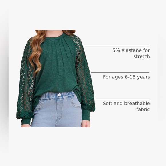 Blibean Green Lace Sleeve Top | Girls Size 8-9 | Long Sleeve Boutique Blouse - Picture 9 of 9
